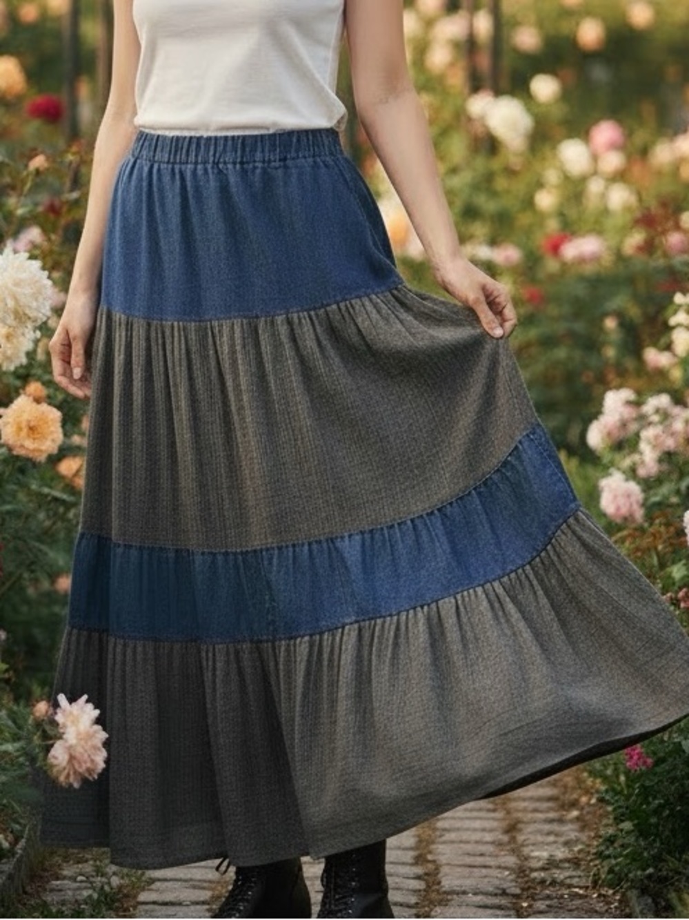 Young Threads Boho Prairie Skirt Soft Tiered Denim